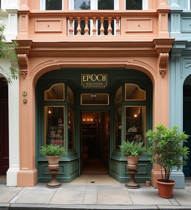 The charming heritage shophouse exterior of Epoch Editions on Ann Siang Hill, Singapore.