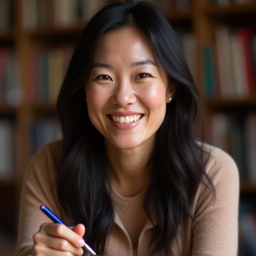 Portrait of author Sarah Chen smiling warmly, with a pen in hand.